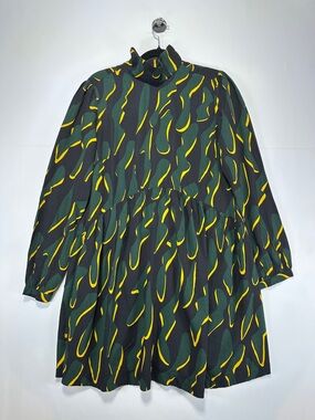 Q/S Abstract Print Mini Dress Mock Neck Green Yellow Tiered Babydoll 36EU